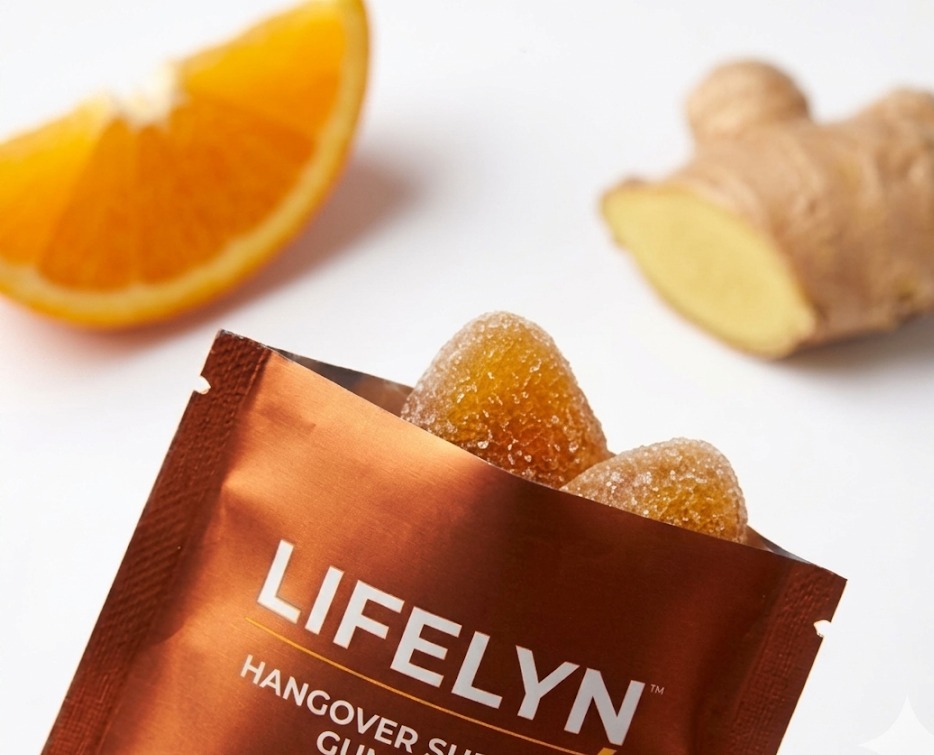 Open pack with gummies and orange
